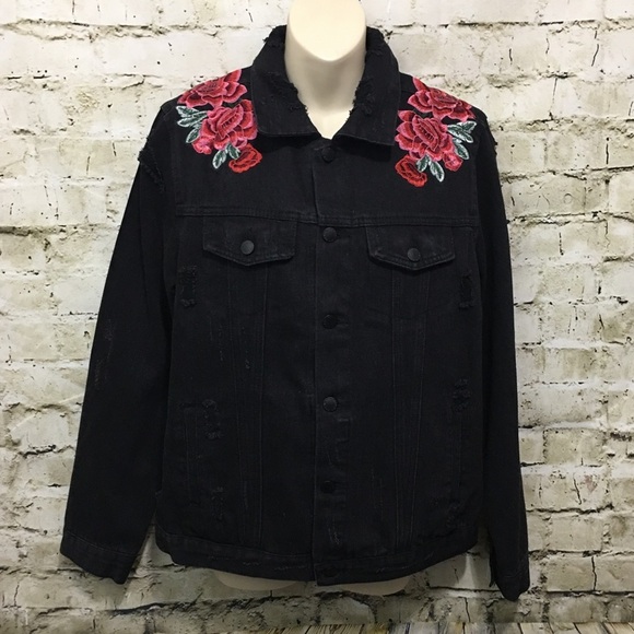 Ci Sono Black Jean Denim Rose Distressed Jacket - Picture 1 of 5